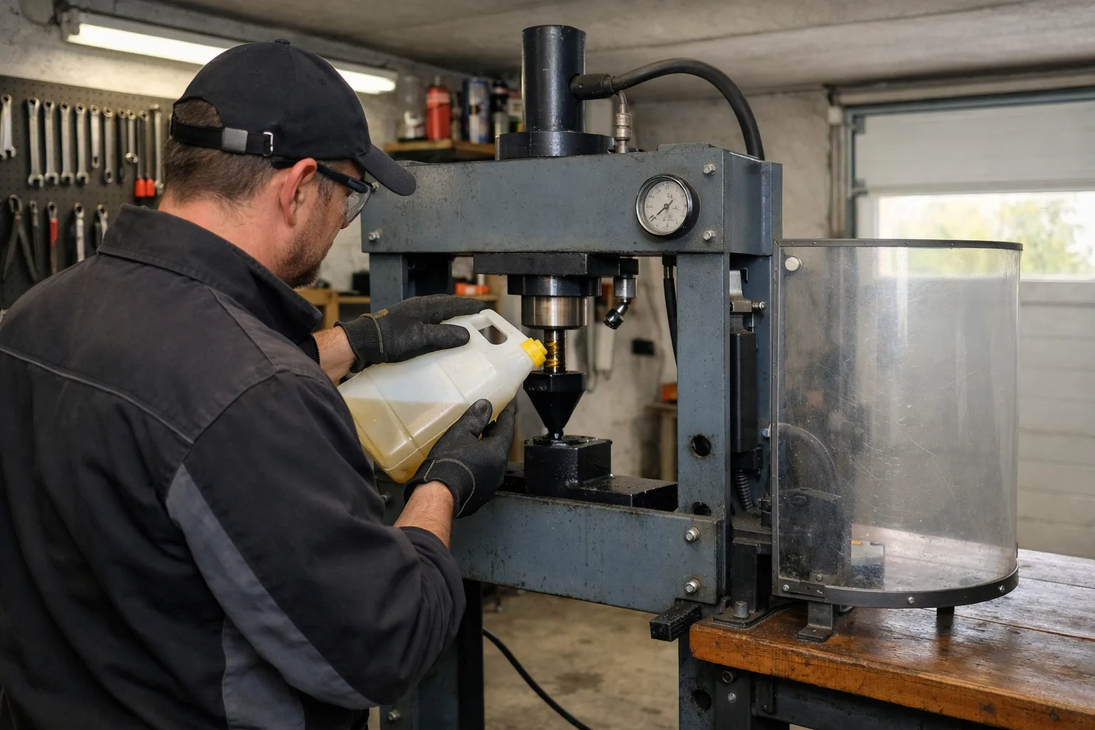 Någon fyller på hydraulolja i en verkstadspress.