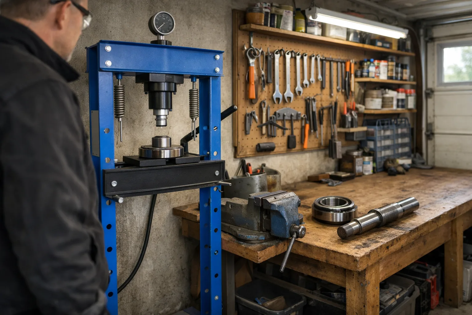 Hydraulisk verkstadspress i ett garage.